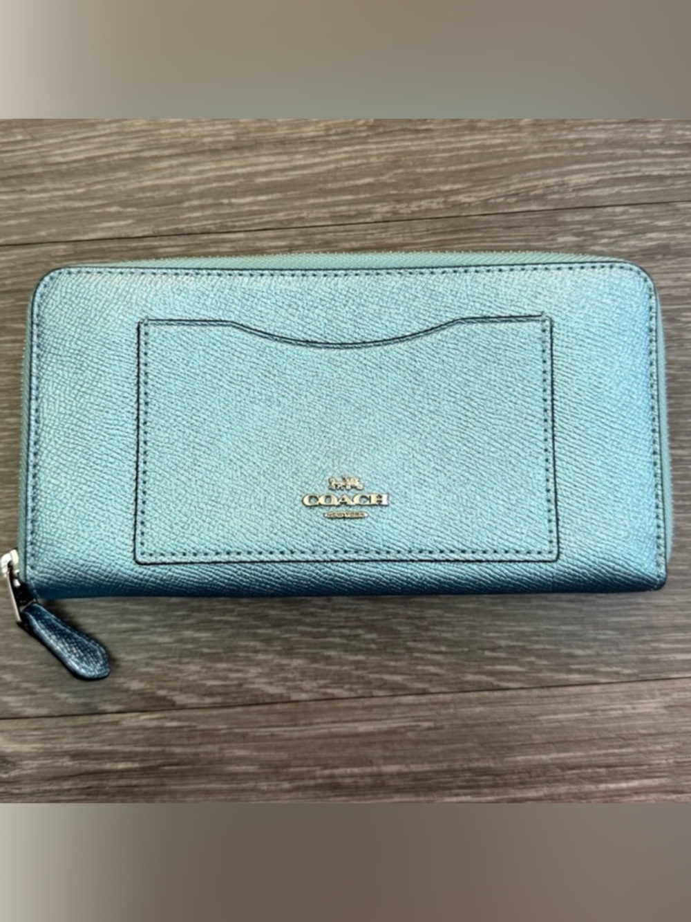 Coach Accordion Metallic Teal Zip Wallet with Gold Logo - Picture 1 of 6